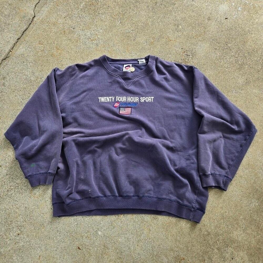 Vtg Y2k 24 Hour Fitness Embroidered Logo Crewneck Sweatshirt Blue Large Sunfade